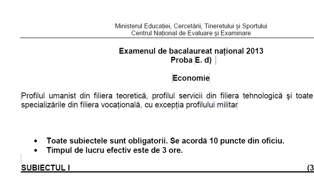 BACALAUREAT 2013. Subiecte BAC 2013 - proba scrisă la Economie