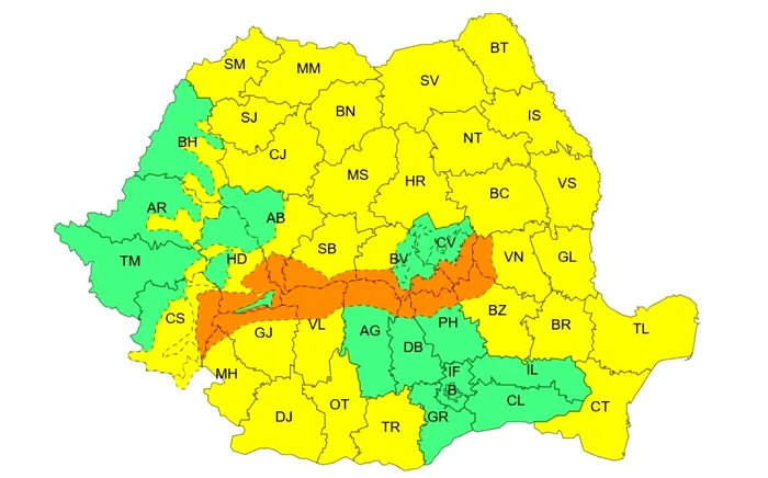 Cod galben de vânt puternic și viscol, în perioada 28 decembrie, ora 02 – 29 decembrie, ora 10. Sursă: ANM