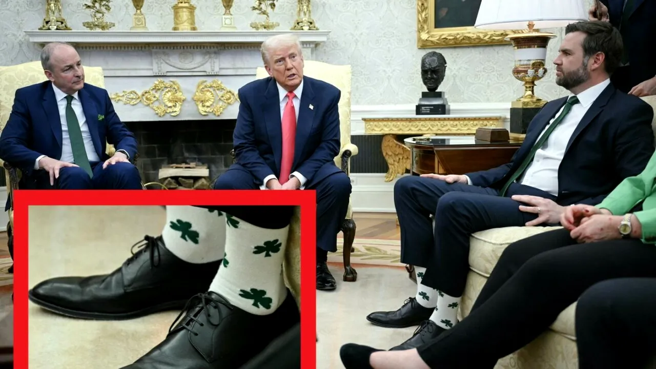 Pe durata întâlnirii cu premierul Irlandei, Donald Trump l-a ironizat pe JD Vance pentru că a purtat șosete cu trifoi, asortate cu cravată verde