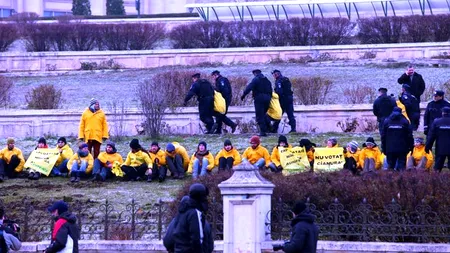 VIDEO. Protest Greenpeace față de legea minelor, la Palatul Parlamentului. Activiștii au fost ridicați de Poliție.