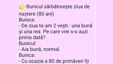 Bancul de sâmbătă | Ce cadou a primit un pensionar de ziua lui, de 80 de ani