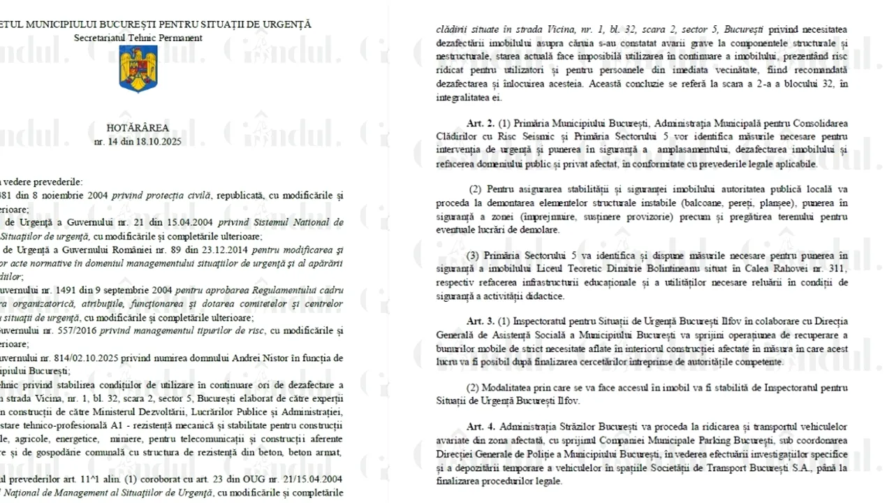 E oficial! Comitetul Municipiului București pentru Situaţii de Urgenţă cere demolarea „blocului groazei”. Ce prevede HOTARAREA publicată în exclusivitate de Gândul