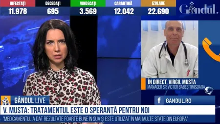 GÂNDUL LIVE. Doctorul Virgil Musta, după ce Spitalul „Victor Babeș” din Timișoara a primit medicamentul Remdesivir: Când se declanșează o cascadă de mecanisme, este foarte greu să o oprești / Este o speranță și o șansă pentru noi
