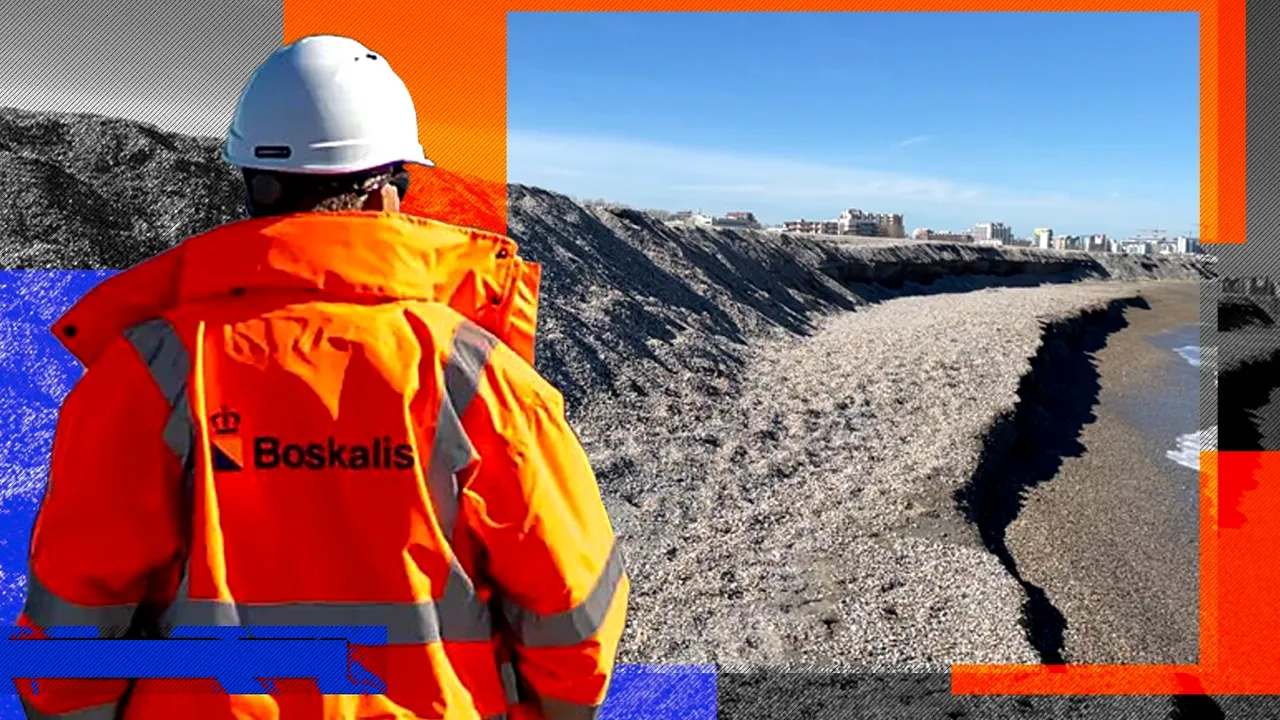 EXCLUSIV VIDEO | După prăbușirea plajei din Mamaia, compania olandeză Boskalis ”pasează” problema către partea română: ”Acest proiect este gestionat de beneficiar, Administrația Bazinală de Apă Dobrogea-Litoral”. Când vor fi nivelate “dunele” de 3 metri înălțime