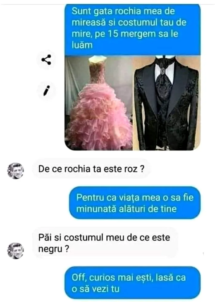 Bancul de marți | Rochia de mireasă roz și costumul de ginere negru