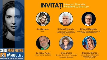 GÂNDUL LIVE. Medicul pediatru Mihai Craiu și Doina Goșa, directorul Centrului de Transfuzie Sanguină București, printre invitații Emmei Zeicescu, pe 29 aprilie, de la ora 11.30