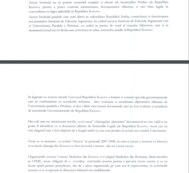 Scrisoarea dr.Pleurat Ejdiu, președintele Camerei Medicilor din Kosovo
