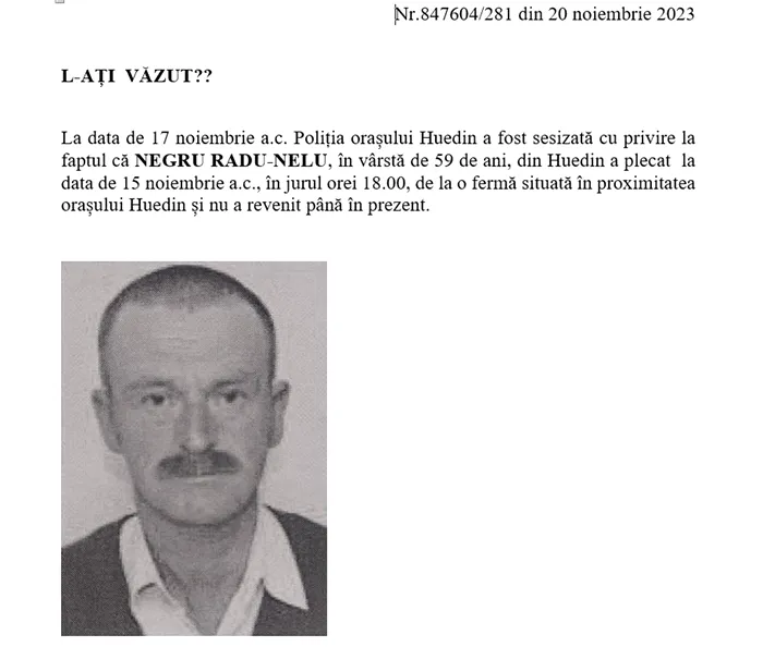Nelu din Huedin a fost dat dispărut pe data de 17 noiembrie. El a fost găsit acum, după o lună de căutări.
