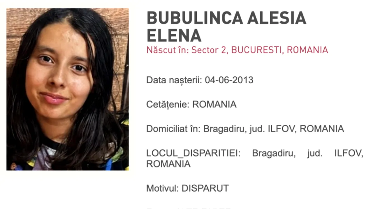 Fată de 13 ani, dispărută din Bragadiru. Poliția a emis RO-ALERT pentru găsirea Alesiei-Elena Bubulincă
