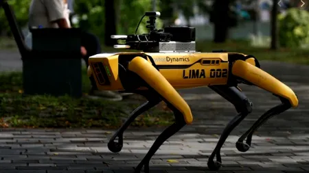 SINGAPORE. Un câine-robot consolidează mesajele de distanțare socială în Singapore. Robotul este produs de compania  