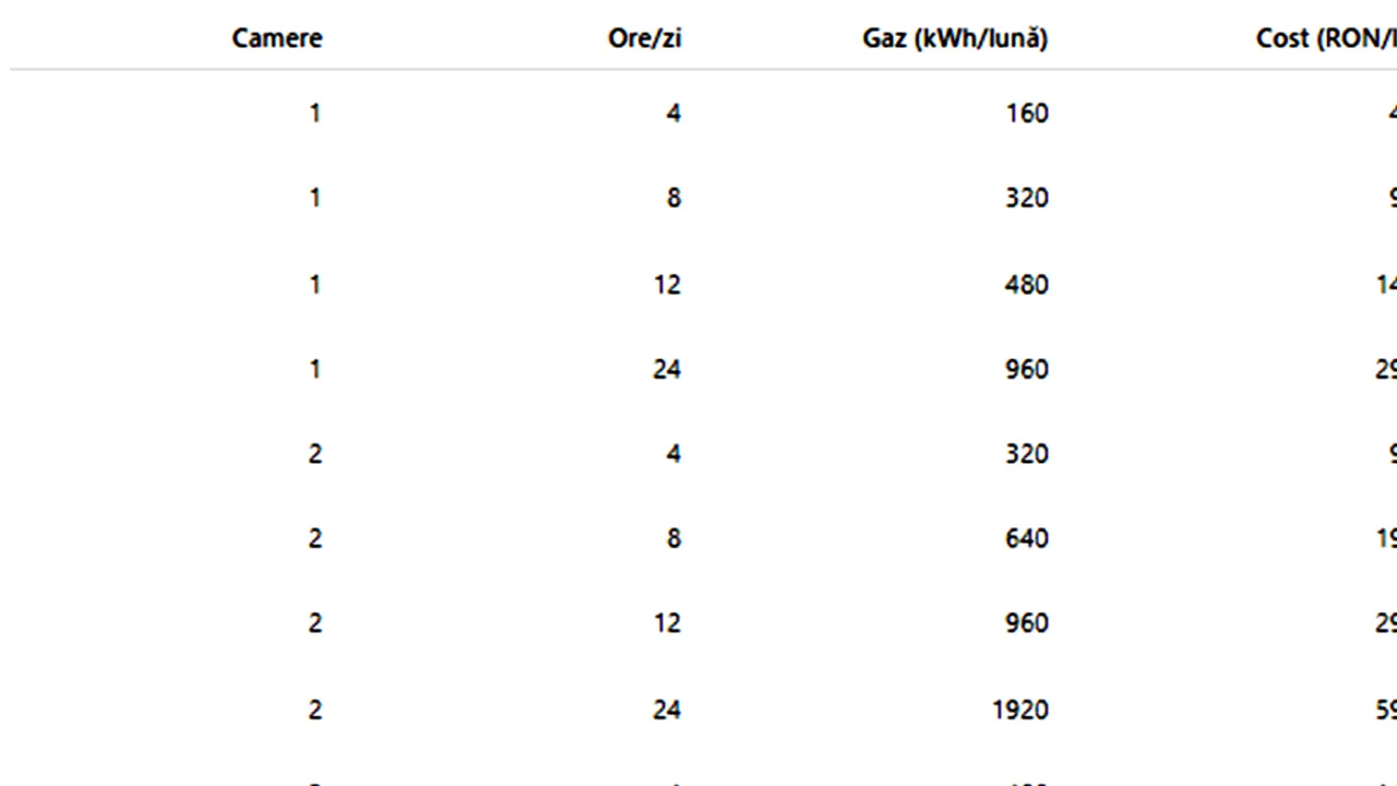 TABEL | Cât vom plăti lunar pentru căldură la iarnă, dacă avem centrală termică, în funcție de câte ore o folosim zilnic și de numărul camerelor