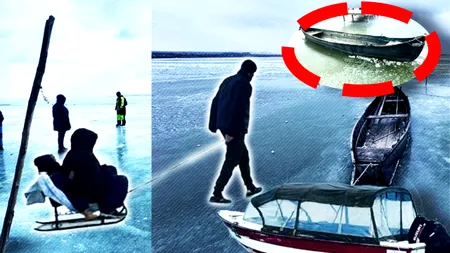 Spectacolul iernii în Dobrogea. Bărci prinse în gheață pe lacul Razelm