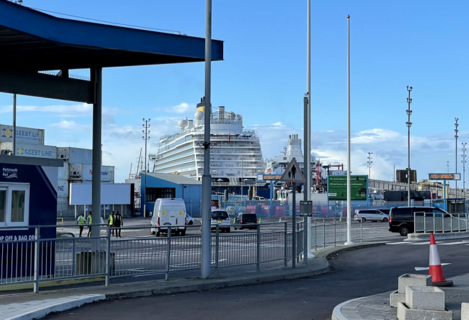 Saga Cruises's Spirit of Discovery in port at Portsmouth International Port. About 100 guests on board the cruise ship were injured with five suffering 