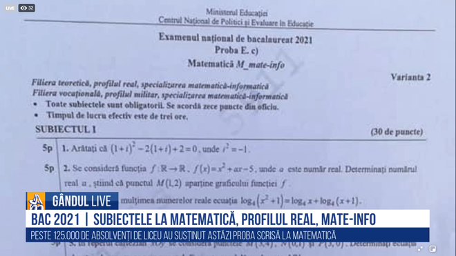 Subiect I, profil Matematică-Informatică