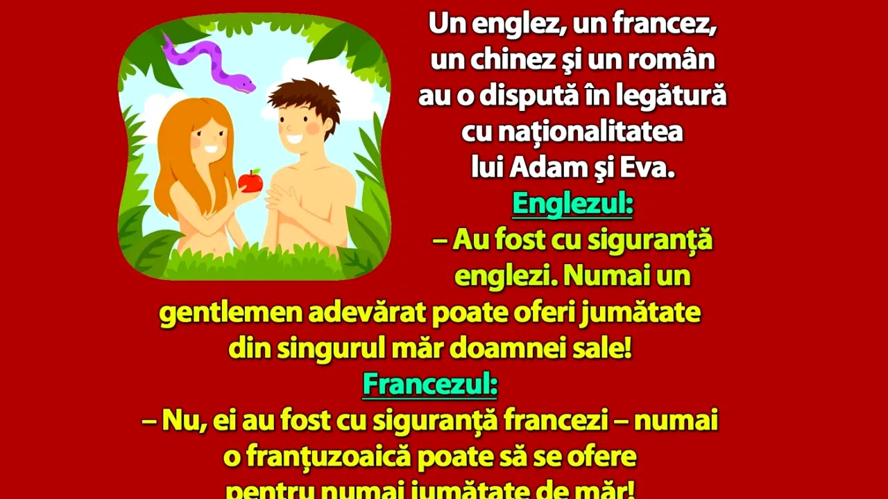 Bancul de duminică | Ce naționalitate aveau Adam și Eva, de fapt