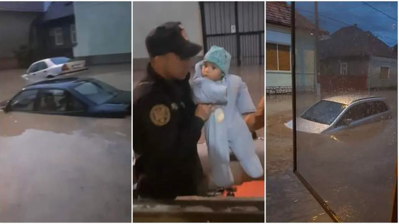 IMAGINI EMOȚIONANTE. Un bebeluș de doar 9 luni a fost evacuat pe geam la Aiud după ce apele au invadat strada! - VIDEO