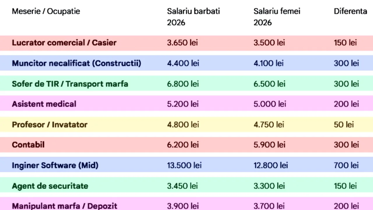 Ce salarii au bărbații VS ce salarii au femeile pentru aceleași meserii, în 2026, în România. Care este diferența