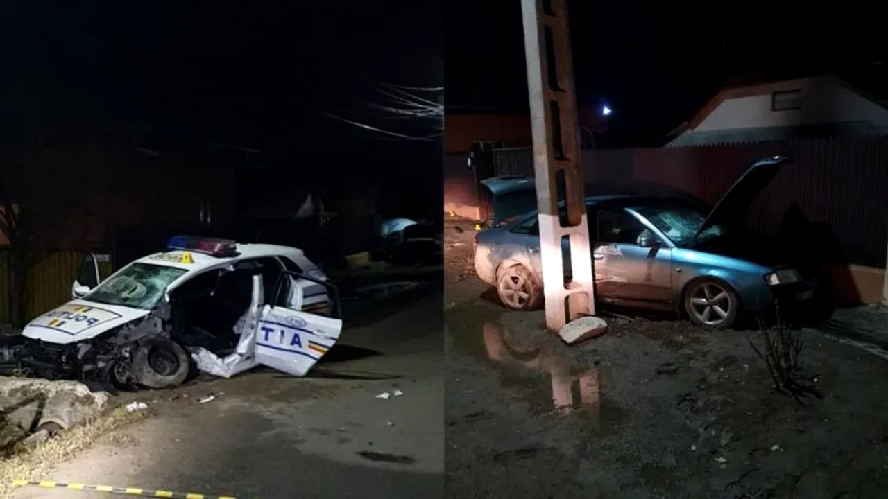 FOTO - Mașină a Poliţiei Buzău, implicată într-un accident rutier. Agentul urmărea un şofer care alimentase la o benizărie și a plecat fără să plătească. Doi oameni au ajuns la spital