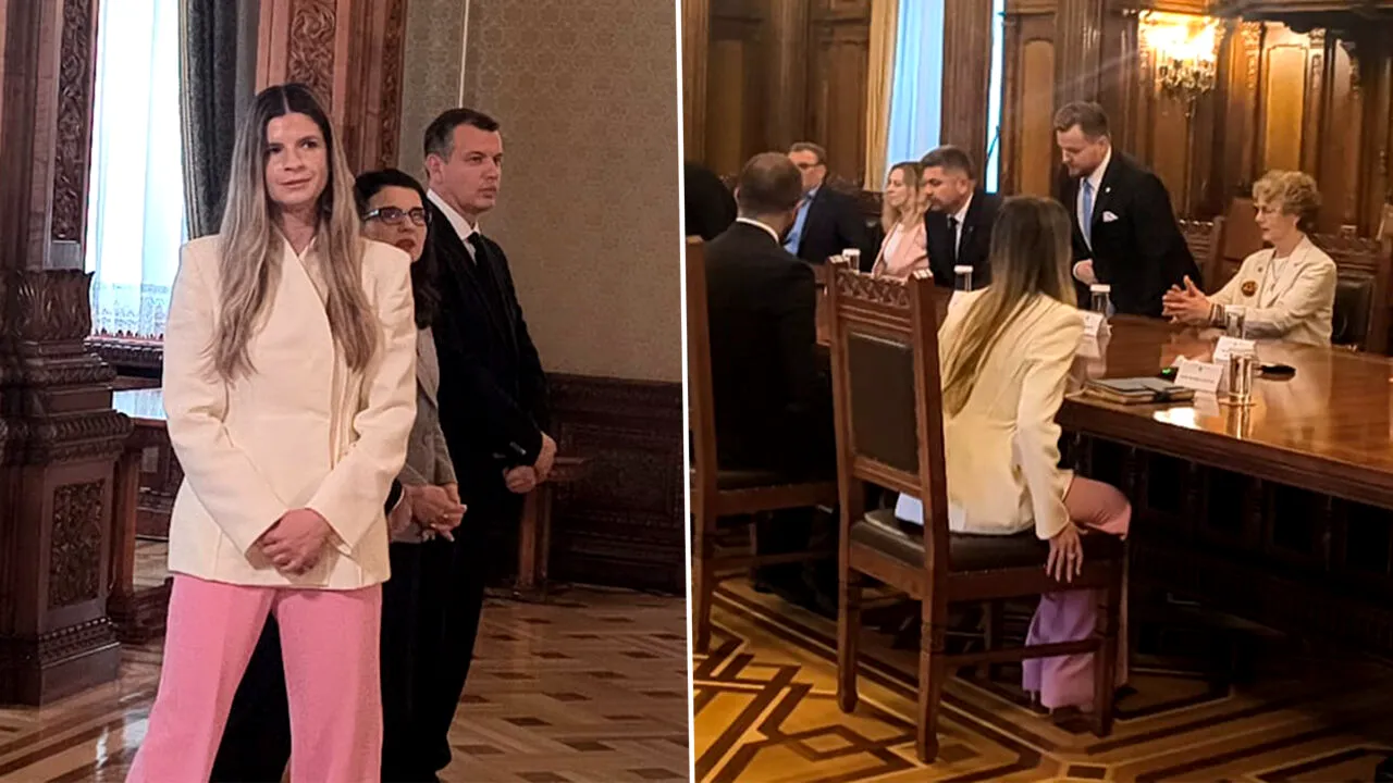 În plină criză politică, în mijlocul furtunii de la Cotroceni, o pată de culoare a atras atenția astăzi. Îmbrăcată în roz, controversata Ana-Maria Geană, menționată în scandalul pozelor trucate din campania prezidențială, a stat la masa discuțiilor cu partidele. Nimic nu o recomanda pentru poziția de astăzi