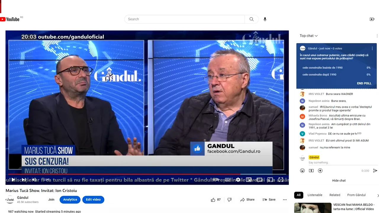Poll Marius Tucă Show: „În cazul unui cutremur puternic, care clădiri credeți că sunt mai expuse pericolului de prăbușire?”. Au fost propuse două perioade de timp