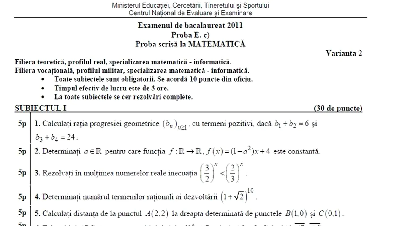 BAC 2012, SESIUNEA A DOUA. Ce s-a dat la BAC 2011 SESIUNEA DE TOAMNĂ, la MATEMATICĂ