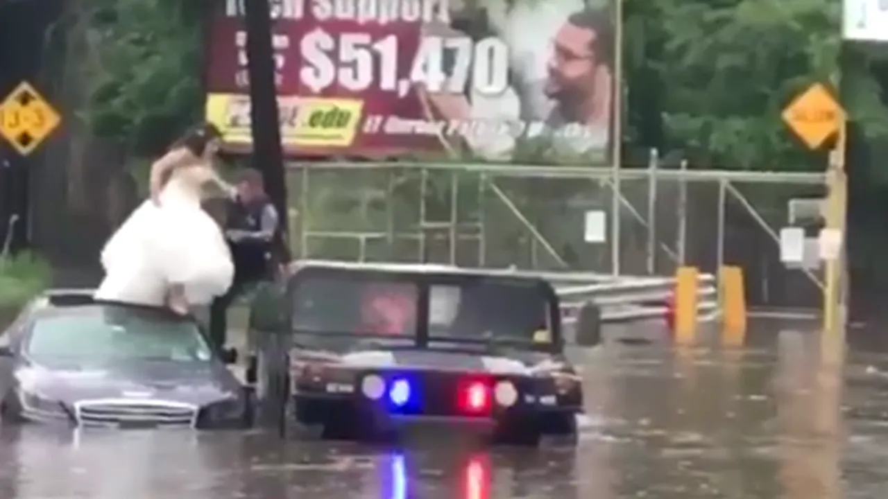 NUNTĂ CU PERIPEȚII în New Jersey. Mireasa s-a urcat pe capota mașinii pentru a se salva de VIITURĂ