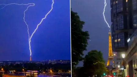 Momentul în care un fulger lovește vârful Turnului Eiffel. Imaginile surprinse în timpul furtunii de la Paris
