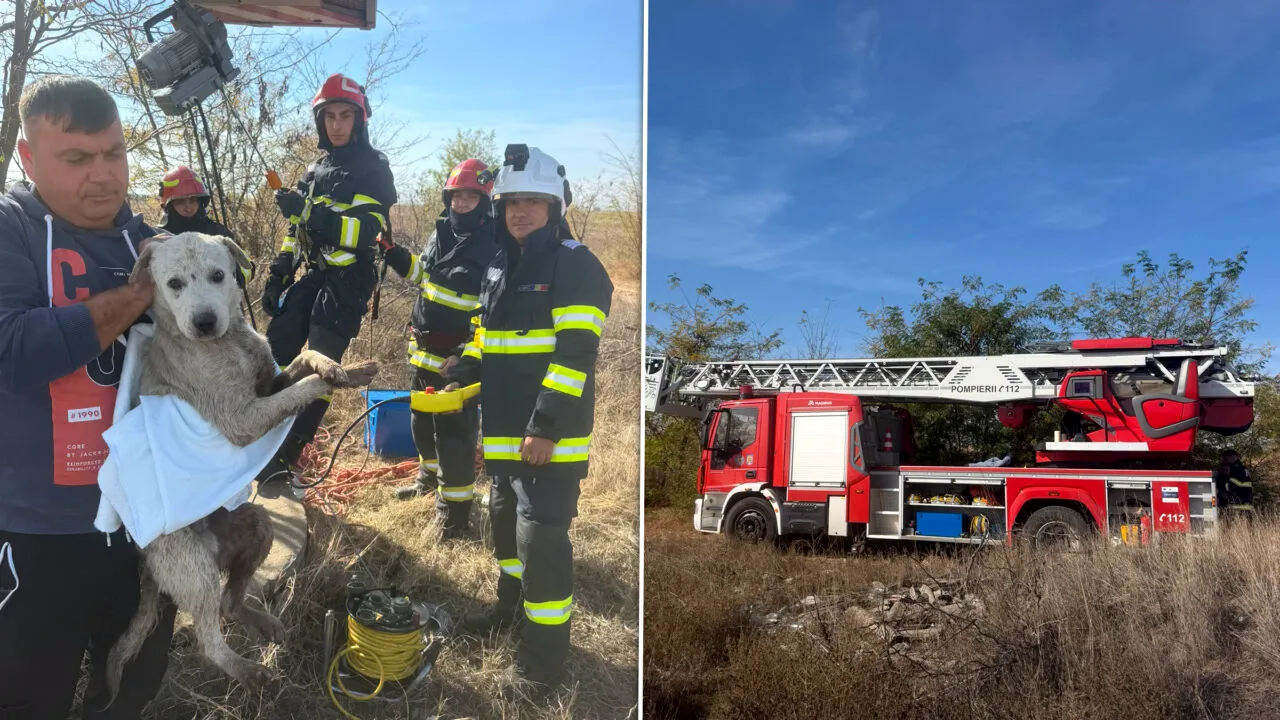 Pompierii din Dolj, misiune de salvare. S-a intervenit de urgență după ce un câine a căzut într-o fântână adâncă de 10 metri, în localitatea Poiana Mare