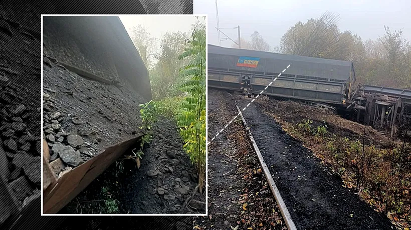 FOTO | Două vagoane de marfă au deraiat și un al treilea s-a răsturnat, între Gorj și Dolj. Garnitura transporta cărbune spre Turceni