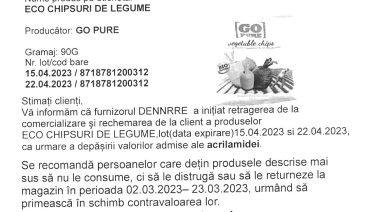 ANSVSA retrage de pe piață un sortiment de chipsuri. Cei care au cumpărat produsul sunt rugați să-l returneze URGENT