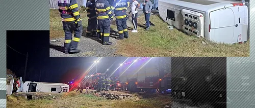 VIDEO | Accident teribil în Dâmbovița, un microbuz cu 12 pasageri s-a răsturnat într-un șanț
