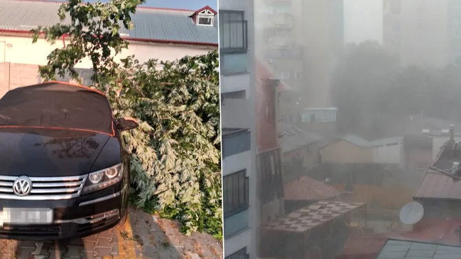 Furtună violentă în București după valul de caniculă. Copaci căzuți, străzi inundate, mașini avariate