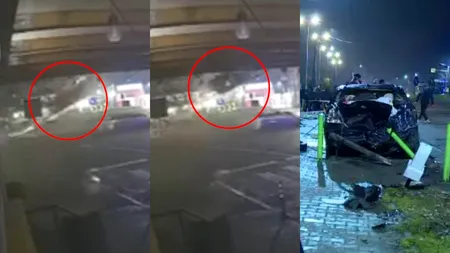 „Cascadorie” în Ilfov. O mașină a zburat „ghiulea” peste sensul giratoriu și a „aterizat” pe acoperișul unei clădiri