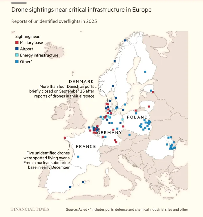 Cele mai multe drone neidentificate au fost raportate deasupra bazelor militare, aeroporturilor și infrastructurii energetice.