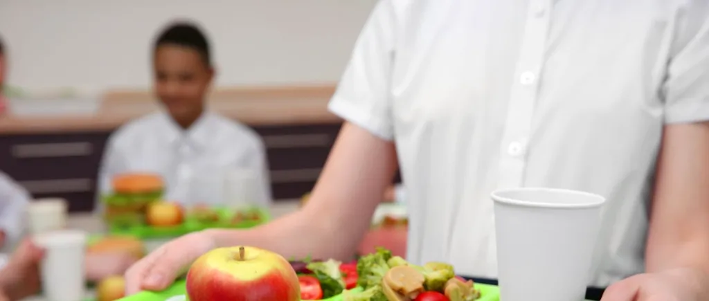 Meniul unui elev din programul „masă caldă”, care costă 15 lei: o chiflă, produse din carne și/sau brânzeturi, legume și un fruct