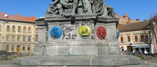Statuia Libertății din Arad, vandalizată. Monumentul maghiar a fost vopsit parțial în culorile drapelului românesc