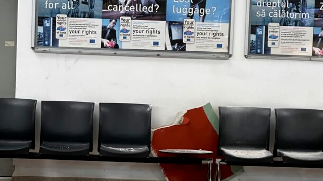 Tavanul sălii de așteptare a Aeroportului Sibiu s-a prăbușit în plină zi. 