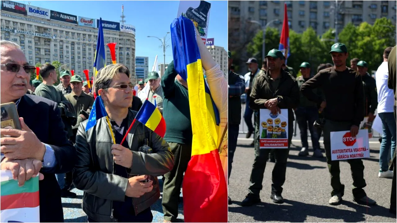 Protest în fața Guvernului. CFR-iștii și polițiștii au ieșit în stradă împotriva austerității Bolojan
