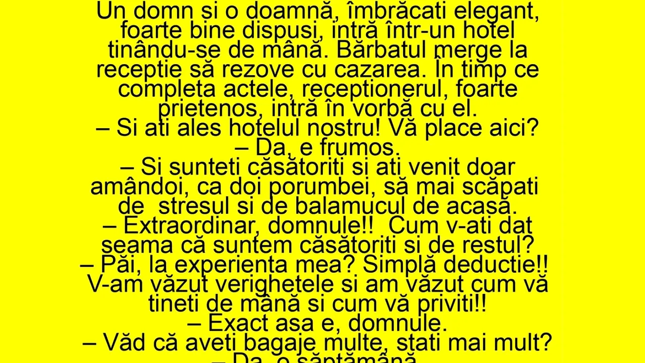 Bancul de marți | Un domn și o doamnă intră în hotel, ținându-se de mână