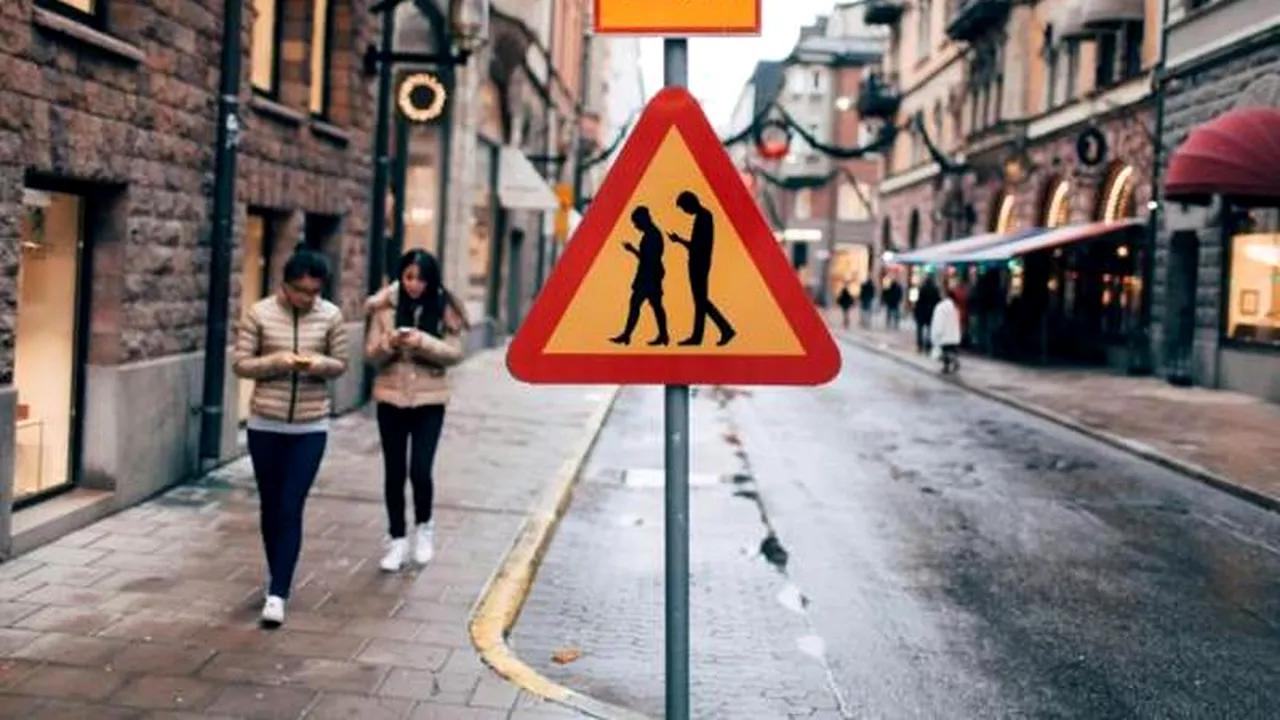 Obsesia noastră pentru telefoane, suprinsă într-un semn de circulație