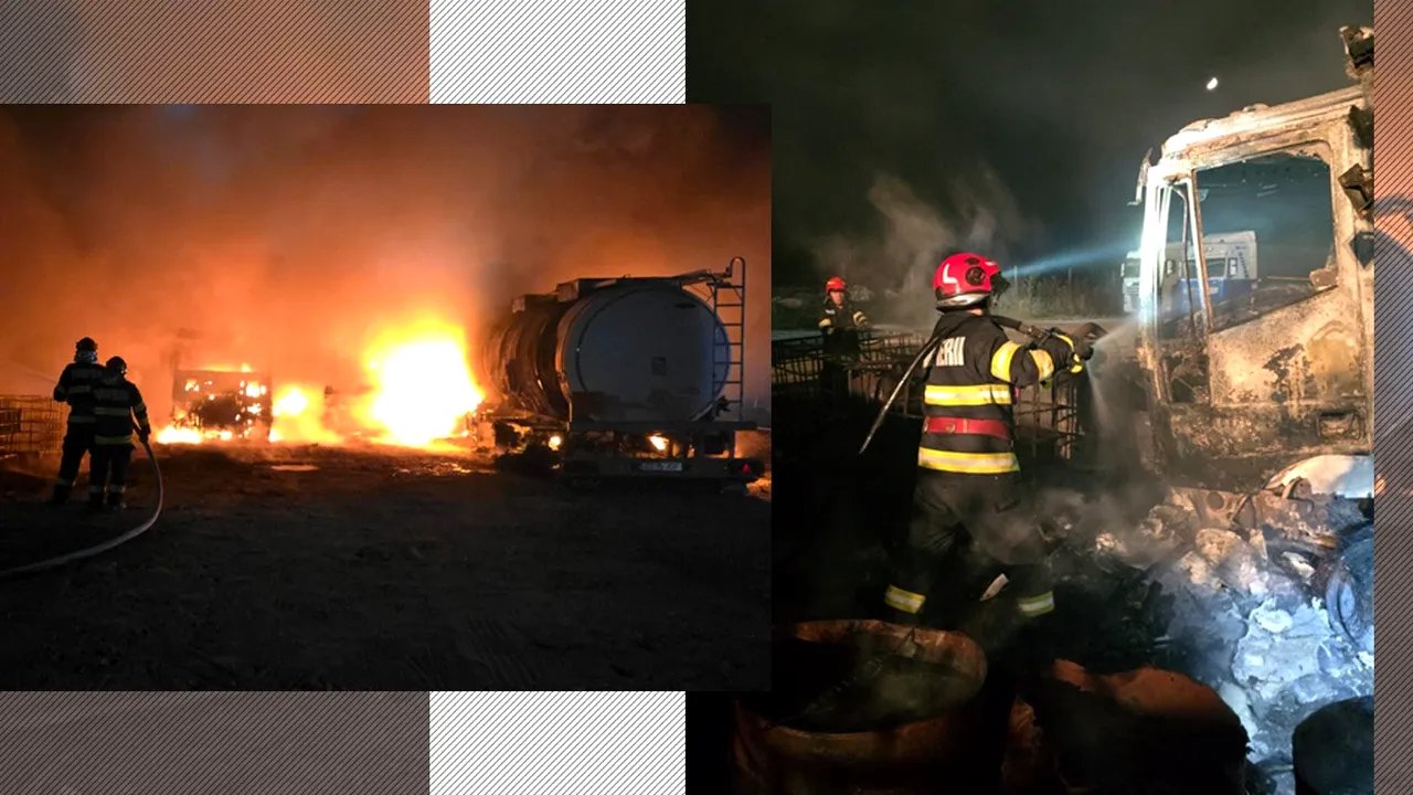 Un incendiu violent a mistuit un parc auto din 2Mai. Flăcările au cuprins cisternele de bitum. Pompierii au reușit să stingă focul