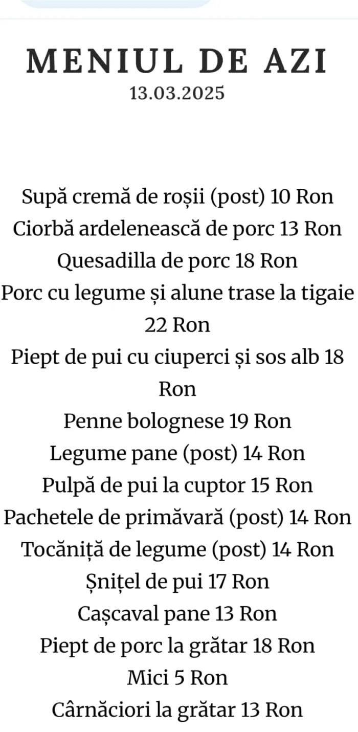 Meniu restaurant Palatul Parlamentului