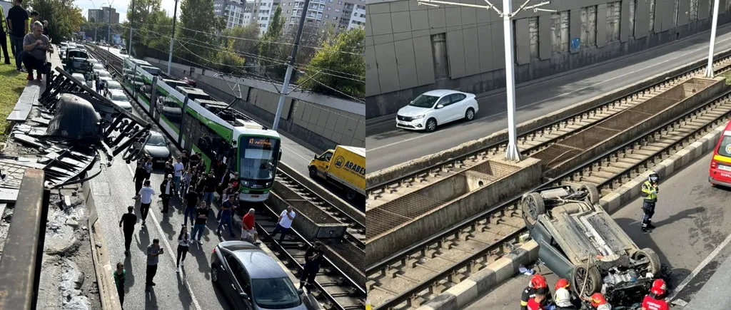 Linia tramvaiului 41 din Capitală, BLOCATĂ timp de 80 de minute după ce o mașină s-a răsturnat pe șine