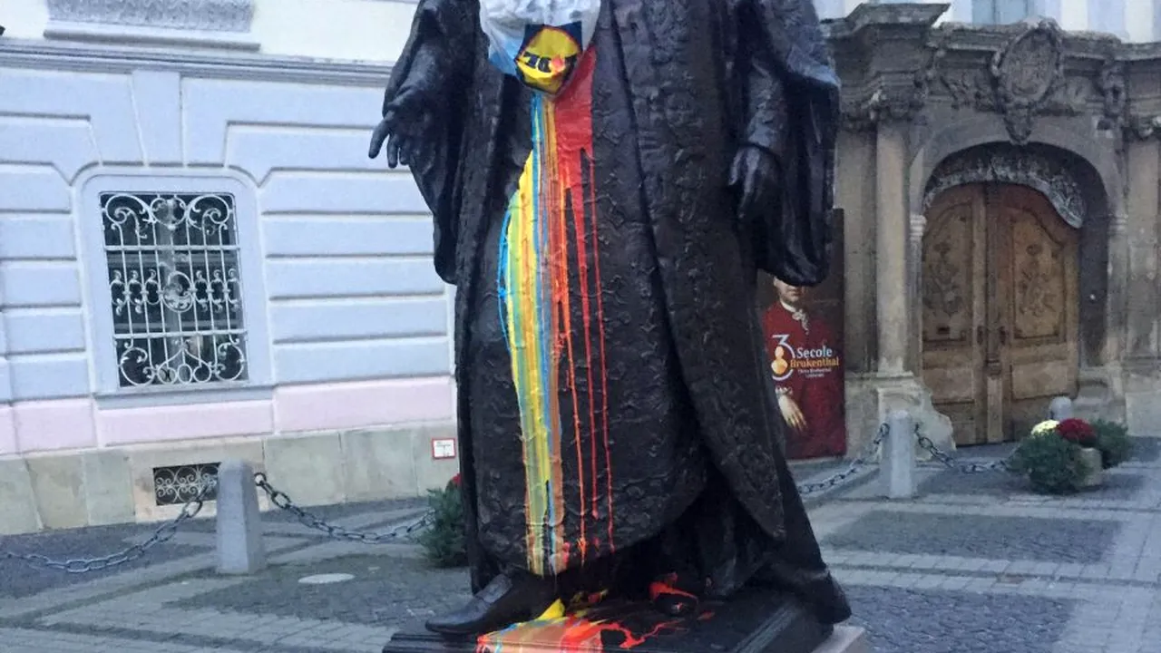 A fost prins bărbatul care a aruncat cu vopsea pe statuia baronului Samuel von Brukenthal din Sibiu. Cum a fost sancționat autorul vandalizării
