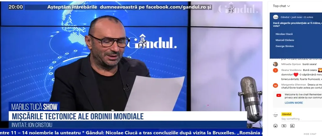 Poll Marius Tucă Show: „Dacă alegerile prezidențiale ar fi mâine, cu cine ați vota?”