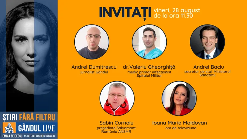 Dr. Valeriu Gheorghiță, medic primar infecționist la Spitalul Militar, se află printre invitații Emmei Zeicescu la ediția Gândul LIVE de vineri, 28 august, de la ora 11.30