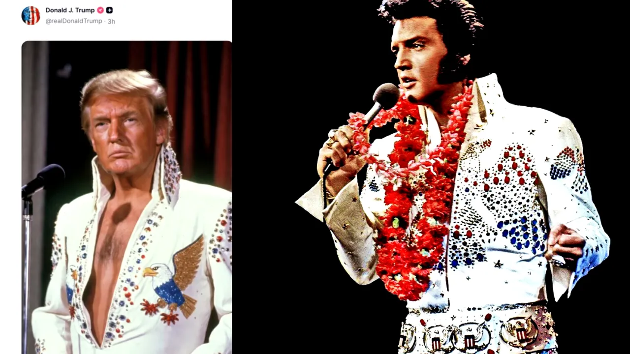 Donald Trump a folosit AI pentru a se costuma în Elvis Presley în pragul comemorării a 49 de ani de la moartea regelui rock'n'roll