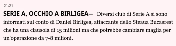 Gazzetta dello Sport, despre interesul pentru Bîrligea