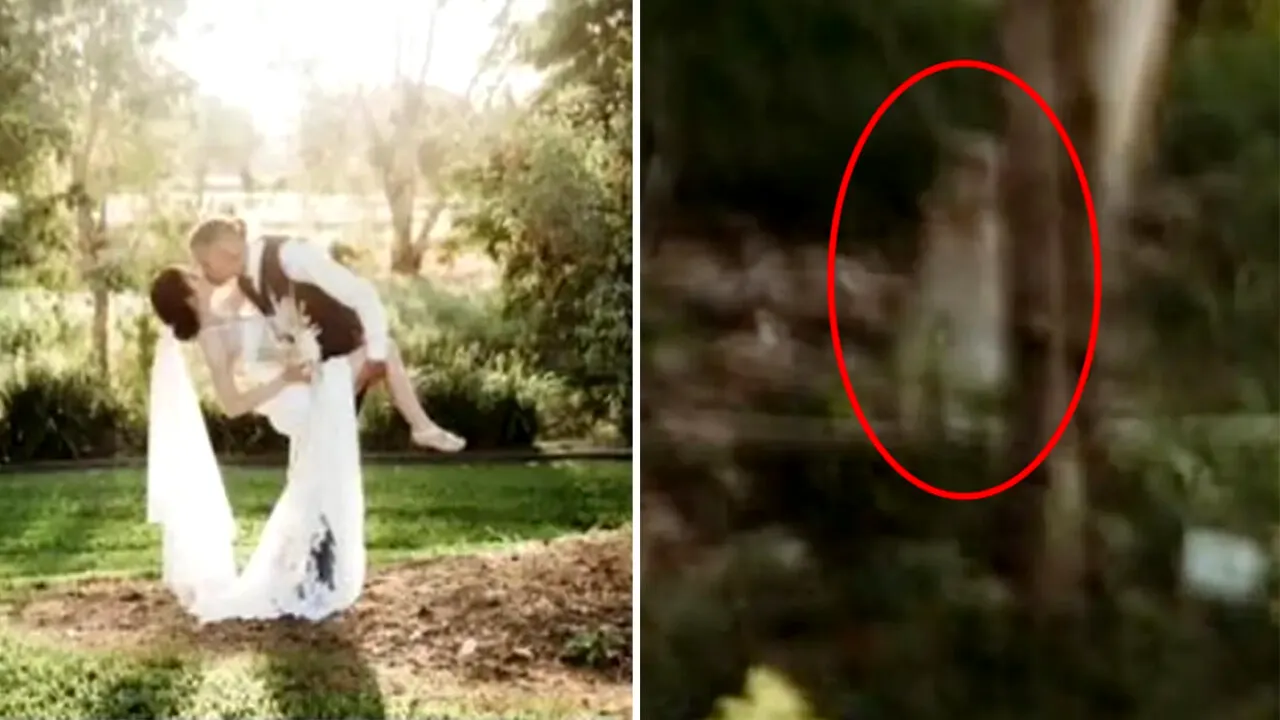 Detaliul MACABRU observat de o mireasa în această fotografie de la nuntă. Pe cine a văzut ascundându-se în tufiș