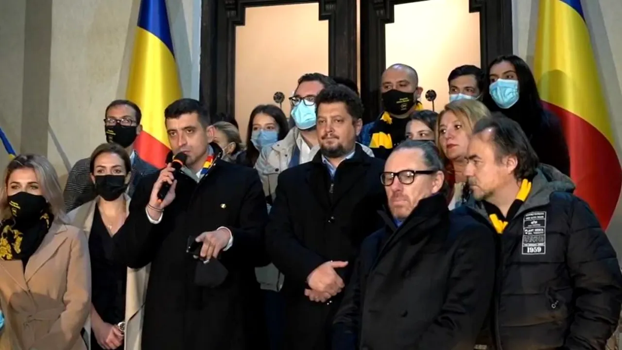 AUR continuă sfidarea măsurilor de protecție: Magnatul Bobby Păunescu, fără mască, alături de George Simion la sediul partidului